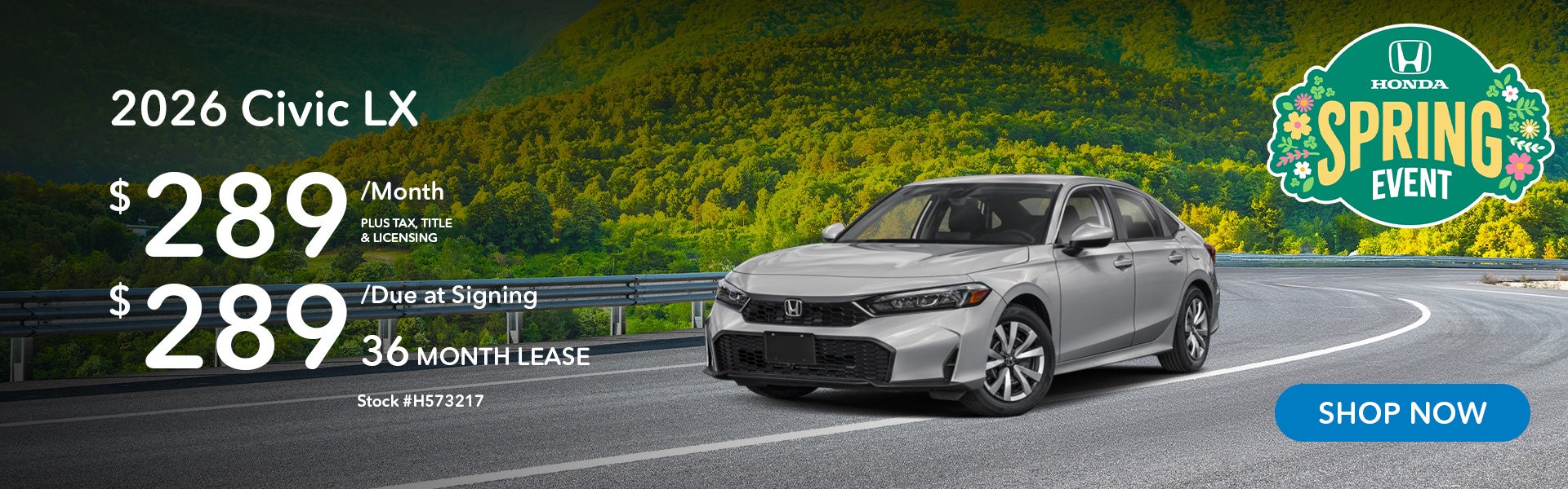 2026 Honda Civic LX Lease for $289 per month for 36 months.