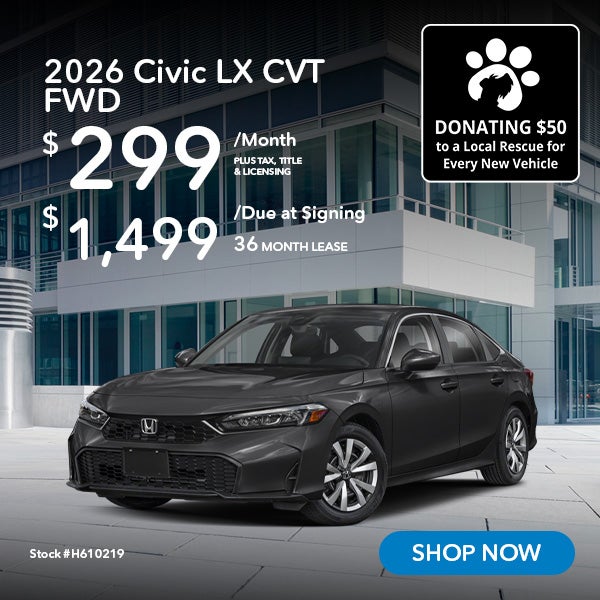 2026 Honda Civic LX Lease from $299/mo, $1,499 due at signin