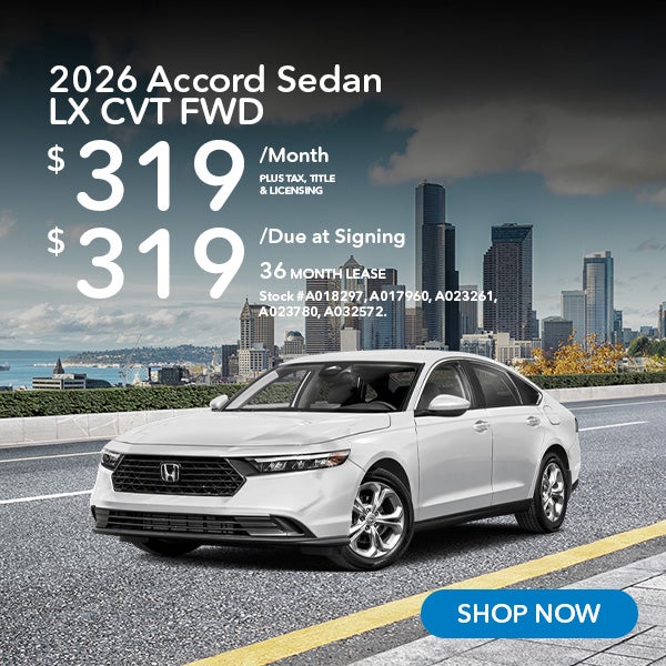 2026 Honda Accord LX Lease from $319/mo, $319 due at signing